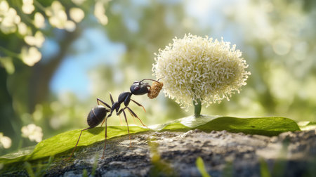An ant carrying a small piece of food on a bright leaf, showcasing its strength and determination, with a blurred green background for depthの素材