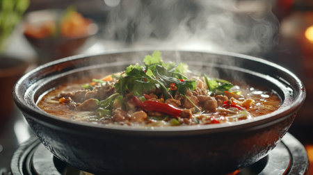 A steaming bowl of delicious hot pot featuring fresh ingredients, vibrant herbs, and aromatic spices, perfect for sharing and enjoying with loved ones.の素材