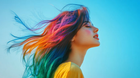 A young woman with flowing, colorful hair stands in profile against a bright blue sky. The image captures a sense of freedom and artistic expression.の素材