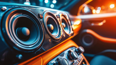 Explore this close-up view of a modern car audio system showcasing sleek speakers and stylish controls, emphasizing luxury and technology in vehicle interiors.の素材