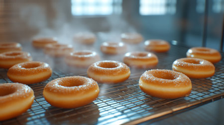 Freshly made donuts sit cooling in a bakery, showcasing a delightful glaze and warm steam rising. Perfect for food lovers and dessert enthusiasts.の素材