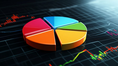 This vibrant pie chart displays distinct segments in various colors against a digital backdrop featuring financial data, ideal for business presentations and analytics.の素材