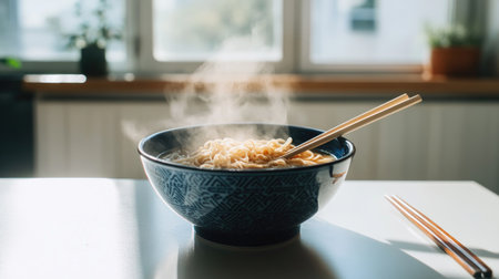 A side view of a bowl of ramen placed on a clean white table, with steam rising and chopsticks resting on the side, capturing the essence of a cozy dining experience.の素材