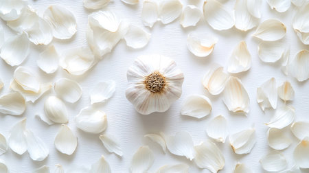 A single garlic bulb placed on a clean white background, surrounded by peeled cloves, showcasing the simplicity and beauty of this essential cooking ingredient.の素材