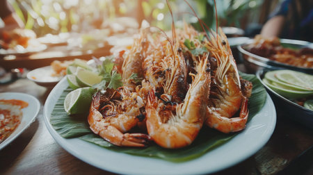 A vibrant plate of grilled shrimp garnished with fresh lime and herbs, perfect for a culinary feast. Ideal for seafood lovers seeking flavor and freshness.の素材