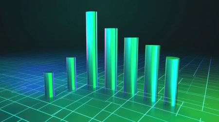 Modern D bar chart with bright bars in shades of green and blue, standing on a grid plane, representing data growth in a professional settingの素材