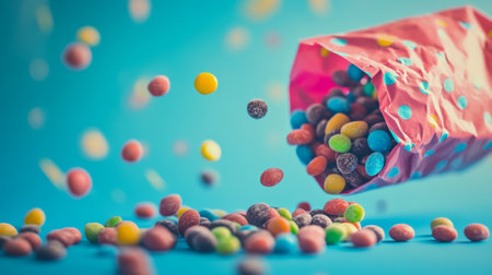 A delightful scene showcasing a colorful explosion of candies spilling from a polka dot bag against a bright blue background, evoking feelings of joy.の素材