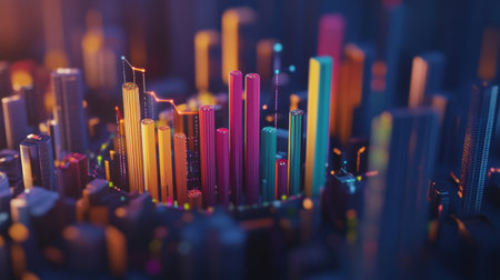 Vibrant and colorful abstract representation of a city skyline showcasing illuminated skyscrapers, creating a futuristic atmosphere and artistic impression.の素材