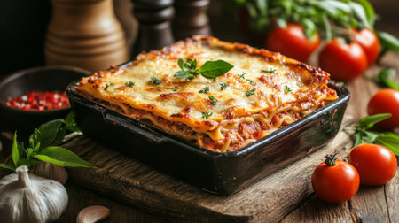 Indulge in this delicious homemade lasagna featuring layers of rich sauce, cheese, and fresh herbs, perfect for a comforting family meal or gathering.の素材