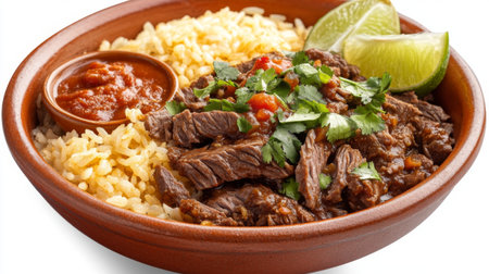 Savor a vibrant bowl featuring tender beef, aromatic rice, fresh cilantro, zesty lime, and rich salsa. A perfect meal to delight the senses.の素材