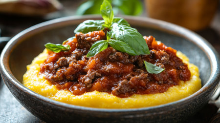 This appetizing dish features creamy polenta topped with savory meat sauce and garnished with fresh basil. Ideal for food photography or culinary presentations.の素材
