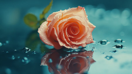 A stunning close-up of a soft pink rose resting on a reflective water surface, adorned with dew drops. The composition highlights the delicate beauty and vibrant colors typical of nature.の素材