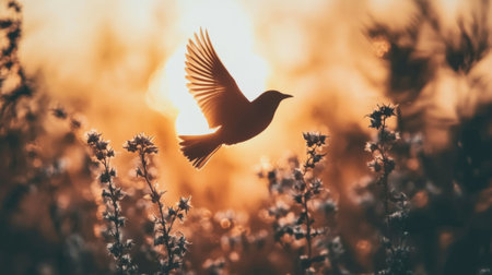 A stunning silhouette of a bird in flight against a backdrop of blooming wildflowers at sunset, capturing a serene moment in nature's beauty and tranquility.の素材