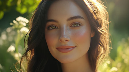 A close-up of a beautiful woman's face with soft natural makeup, smiling in a sunlit outdoor setting.の素材