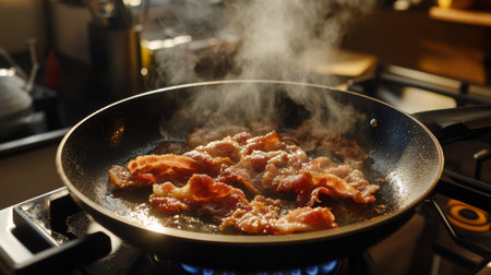 A mouthwatering scene of bacon sizzling in a skillet, steam rising in a modern kitchen. The vibrant colors and textures showcase the delicious meal being prepared.の素材