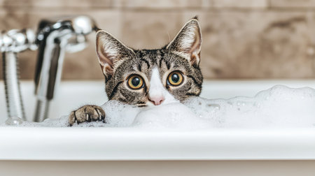 A curious cat peering into a bubble-filled bathtub, with a bright and inviting bathroom background, capturing the playful nature of cats during bath timeの素材