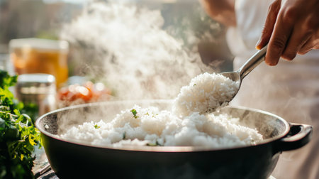A close-up of a chef cooking fluffy white rice in a pan, surrounded by fresh ingredients. The steam rises, showcasing a delightful cooking process.の素材