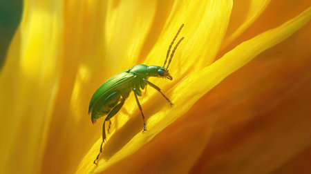 A detailed macro shot of a green beetle crawling on a vibrant yellow flower petal.の素材
