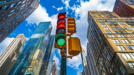 A vibrant urban scene captures a traffic light signaling green against a backdrop of towering skyscrapers and a brilliant blue sky, showcasing city life.の素材