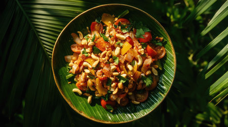 A colorful dish of som tum green papaya salad topped with peanuts, tomatoes, and long beans on a banana leaf.の素材