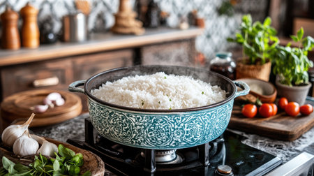 A cozy kitchen scene with a pot of steaming rice on the stove, surrounded by fresh ingredients and herbs, illustrating the comforting process of home cookingの素材