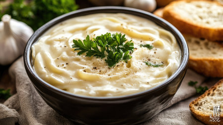 A creamy bowl of fettuccine Alfredo garnished with parsley and served with garlic bread on the side.の素材