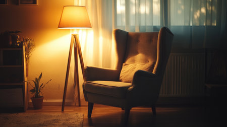 A cozy living room corner with a stylish armchair, a floor lamp, and a calming, minimalistic dcor.の素材