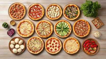 A creative flat lay of assorted pizzas with various toppings, arranged on a wooden table with ingredients scattered around, showcasing the diversity of flavorsの素材