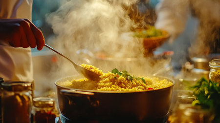 A chef stirs a steaming pot of rice, releasing rich aromas in a cozy kitchen, highlighting vibrant colors and fresh herbs, perfect for culinary creativity.の素材