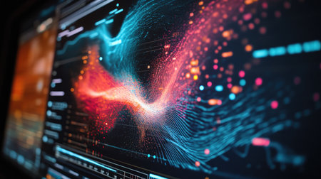 A close-up of electromagnetic radiation waves visualized on a computer screen, with data analysis in progress.の素材