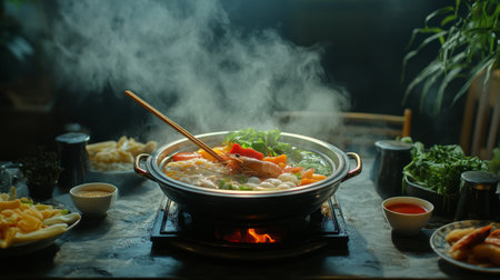 A steaming hot pot filled with fresh vegetables and seafood, creating a warm and inviting atmosphere. Perfect for sharing with family and friends.の素材