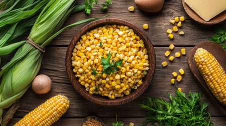 Fresh corn kernels in a wooden bowl surrounded by vibrant herbs and eggs. Perfect for summer recipes or healthy meal preparations. Rustic and inviting.の素材