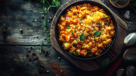 A vibrant rice dish filled with fresh vegetables and herbs served in a rustic wooden bowl. Perfect for showcasing healthy and colorful meal ideas.の素材