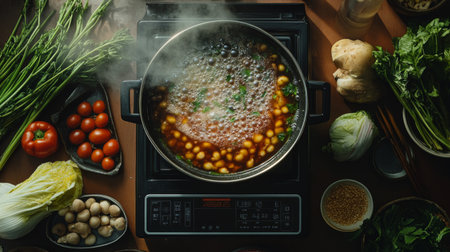 A vibrant and inviting image of bubbling hot pot on a cooking appliance, surrounded by fresh vegetables, herbs, and seasonings, perfect for culinary inspiration.の素材