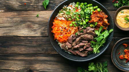 A vibrant bowl featuring fresh vegetables, grilled meat, and rice garnished with herbs, showcasing healthy and delicious ingredients on a rustic wooden table.の素材