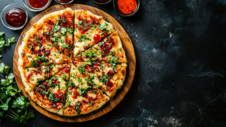 This image showcases a freshly baked pizza topped with vibrant ingredients, served on a wooden board with various dipping sauces, perfect for celebrations and gatherings.の素材