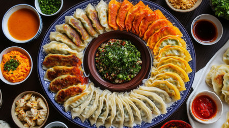 A vibrant display of various dumplings arranged artistically on a plate, surrounded by bowls of sauces and fresh herbs, perfect for culinary enthusiasts.の素材
