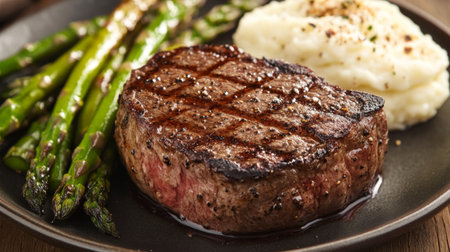 A beautifully plated grilled steak accompanied by tender asparagus and creamy mashed potatoes. Ideal for showcasing delicious cuisine and gourmet meals.の素材