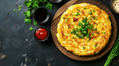 A captivating view of a homemade omelette beautifully presented on a rustic wooden plate, garnished with fresh herbs, perfect for a hearty breakfast or brunch.の素材