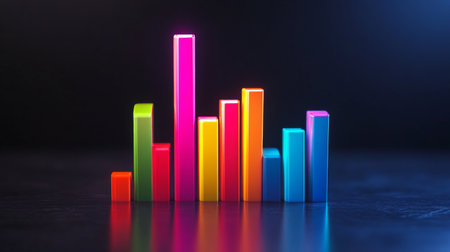 Vibrant colorful bar graph displayed on a dark surface symbolizes data analysis and growth. Perfect representation of business metrics and trends.の素材