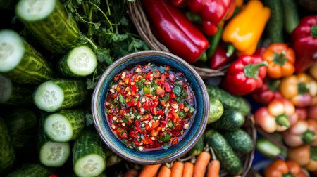 A vibrant collection of fresh vegetables surrounding a bowl of colorful salsa. This market display highlights healthy ingredients, perfect for cooking and garnishing dishes.の素材