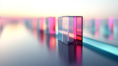 This artistic image features transparent blocks in vibrant colors arranged on a smooth surface, bathed in soft and calming lighting, creating a serene atmosphere.の素材