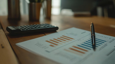 A financial report with bar graphs and charts on a table, surrounded by a pen and calculator.の素材