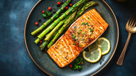 A gourmet plate of seared salmon fillet, paired with asparagus and a lemon butter sauce.の素材