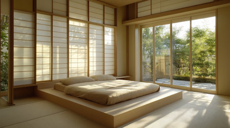 A minimalist bedroom with a simple platform bed, neutral colors, and large windows letting in natural light.の素材