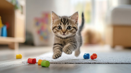 A kitten chasing its own tail in a bright and cheerful room, with colorful toys scattered around, highlighting the innocence and energy of playtimeの素材