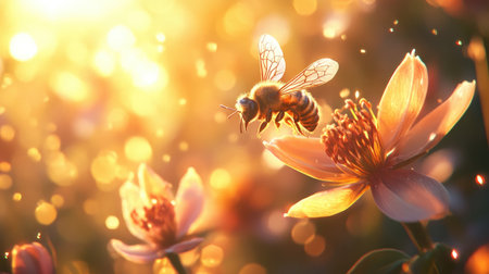 A honeybee collecting nectar from a blooming flower, its wings shimmering in the sunlight.の素材