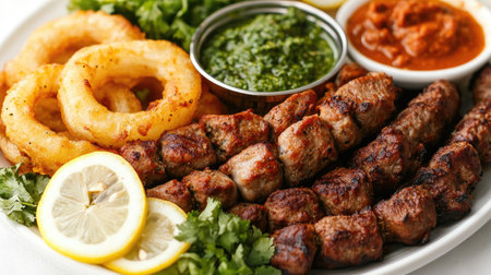 A plate of kebabs, including seekh and shami, served with onion rings, mint chutney, and lemon slices.の素材