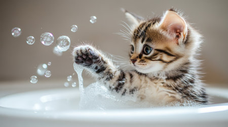 A playful kitten curiously pawing at water in a small sink, with bubbles floating around, creating a lighthearted and whimsical atmosphere during bath timeの素材
