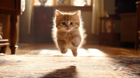 A playful kitten dashing through a sunlit living room, its fur glowing and eyes sparkling with excitement, capturing the joyful essence of feline playtimeの素材